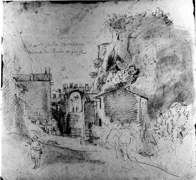 la Porta di Civita Castellana/Schizzo di un uomo con cavallo visto dall'alto e figura seduta, La Porta di Civita Castellana/ Schizzo di un uomo con cavallo visto dall'alto e figura seduta (disegno, insieme) di Van Wittel Gaspar (sec. XVIII)