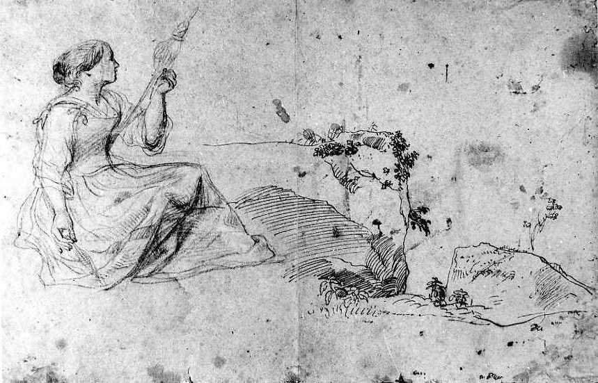 Filatrice seduta e studio di rocce/Studio di paesaggio roccioso, Filatrice seduta e studio di rocce,Studio di paesaggio roccioso (disegno, insieme) di Van Wittel Gaspar (sec. XVIII)