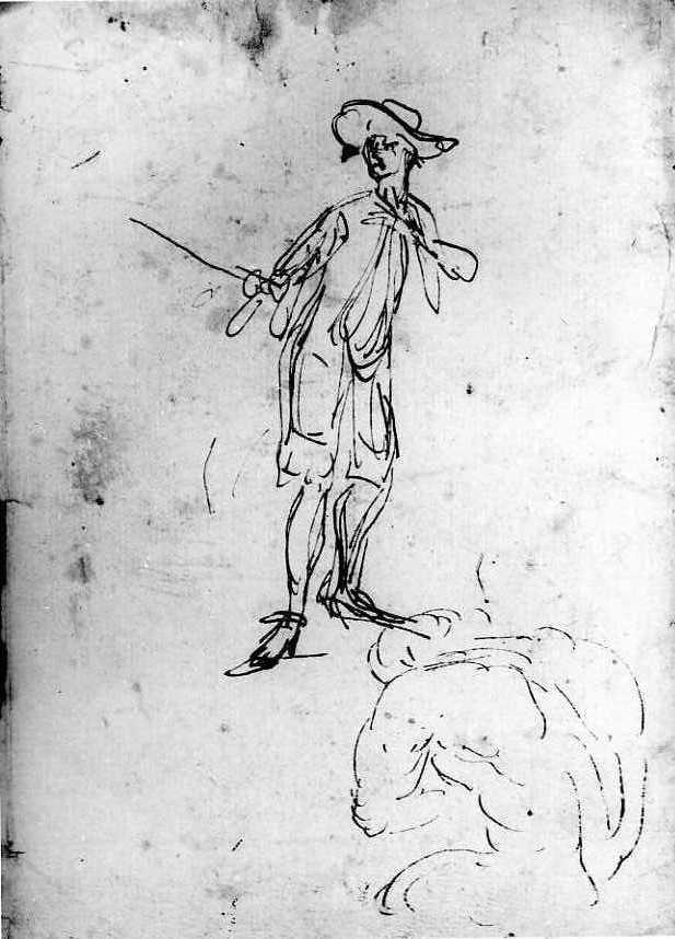 Schizzo di uomo che brandisce una spada e torso virile nudo di spalle/Studio di popolano e tetti di case, Schizzo di uomo che brandisce una spada e torso virile nudo di spalle/ Studio di popolano e tetti di case (disegno, insieme) di Van Wittel Gaspar (sec. XVII)