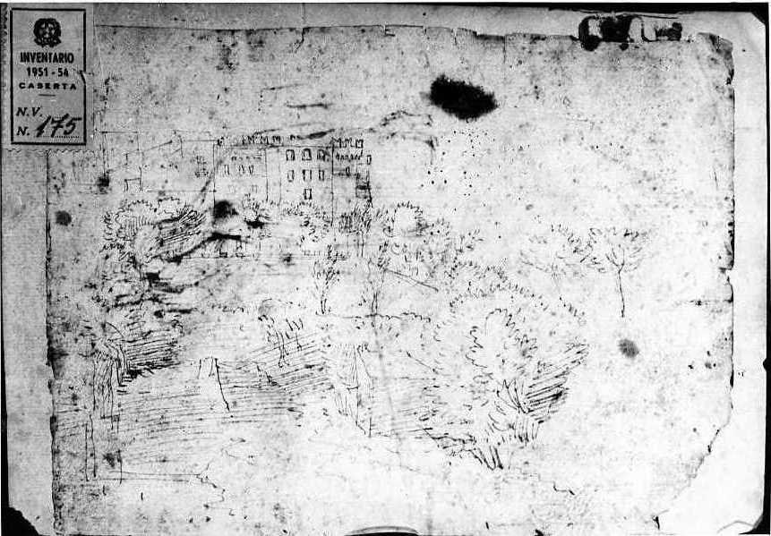 Paese con castello/Figura che fa un inchino, Paese con castello/ Figura che fa un inchino (disegno, insieme) di Van Wittel Gaspar (secc. XVII/ XVIII)