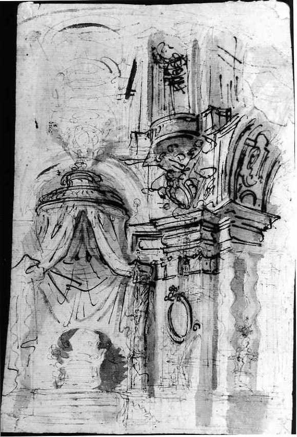 scenografia/ trono e pilastro in primo piano (disegno) di Vanvitelli Luigi (prima metà sec. XVIII)