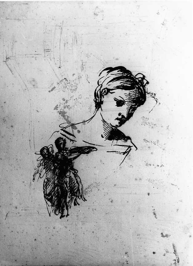 testa di fanciulla/ schizzi di figure femminili/ di architetture (disegno) di Vanvitelli Luigi (prima metà sec. XVIII)