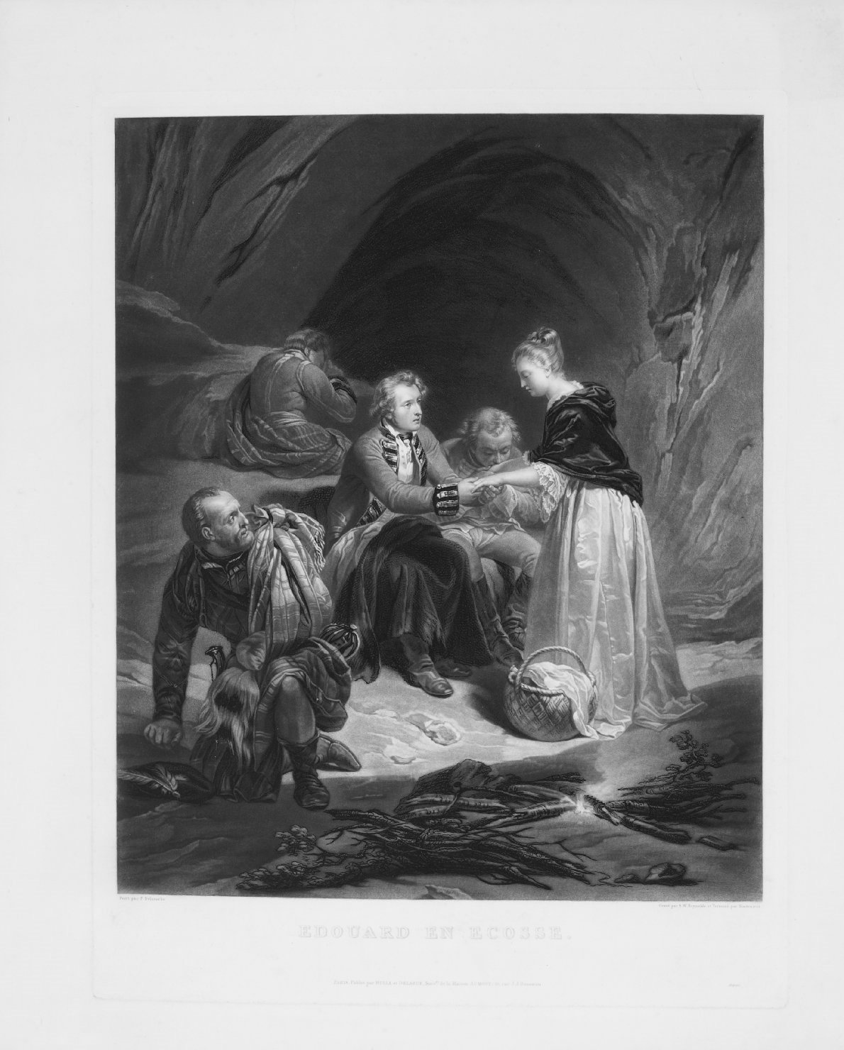 Edouard en Ecosse, Carlo Edoardo Stuart sbarcato in Scozia e soccorso da una giovane donna (stampa) di Delaroche Paul (attribuito), Reynolds Samuel William (attribuito), Sixdeniers Alexandre Vincent (attribuito) (prima metà sec. XIX)