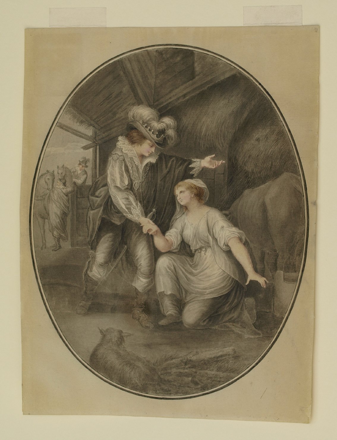 giovane contadina che porge la mano a un giovane cavaliere (stampa a colori) - ambito Italia centro-meridionale (prima metà sec. XIX)