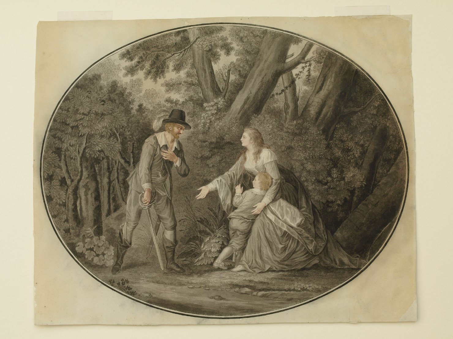 cavaliere con giovane donna e bambino (stampa a colori) - ambito francese (sec. XVIII)