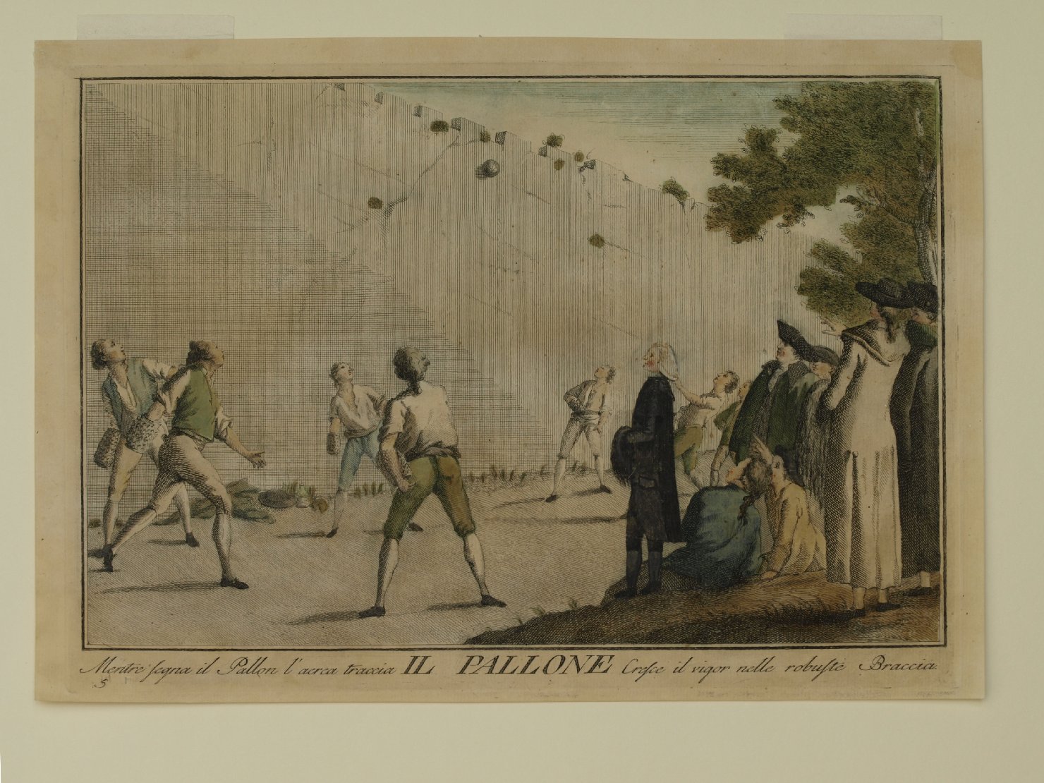 gioco di giovani uomini con il pallone (stampa a colori) - ambito italiano (fine/ inizio secc. XVIII/ XIX)