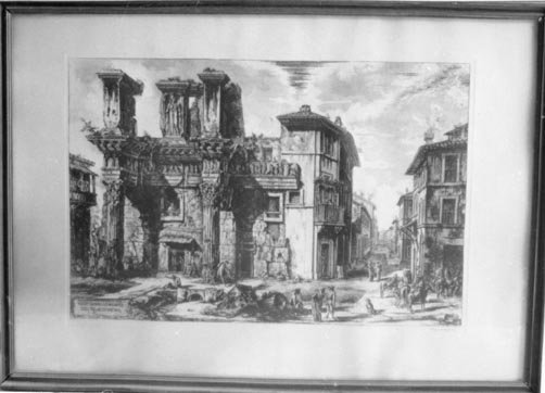 Veduta degli avanzi del foro di Nerva, veduta di rovine (stampa calcografica) di Piranesi Giovanni Battista - ambito italiano (metà XVIII)