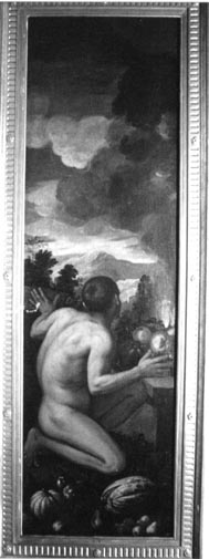 Abele, figura maschile inginocchiata a terra, di spalle e braccia aperte, vegetali in primo piano (dipinto, opera isolata) di Del Moro Giulio (fine/ inizio XVI/ XVII)