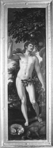 Adamo, figura maschile con braccio destro sollevato sotto un albero di mele (dipinto, opera isolata) di Del Moro Giulio (fine/ inizio XVI/ XVII)