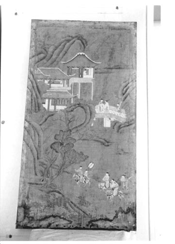 paesaggio con cavalieri, ponte e pagode (pannello, complesso decorativo) - ambito cantonese (seconda metà sec. XVIII)