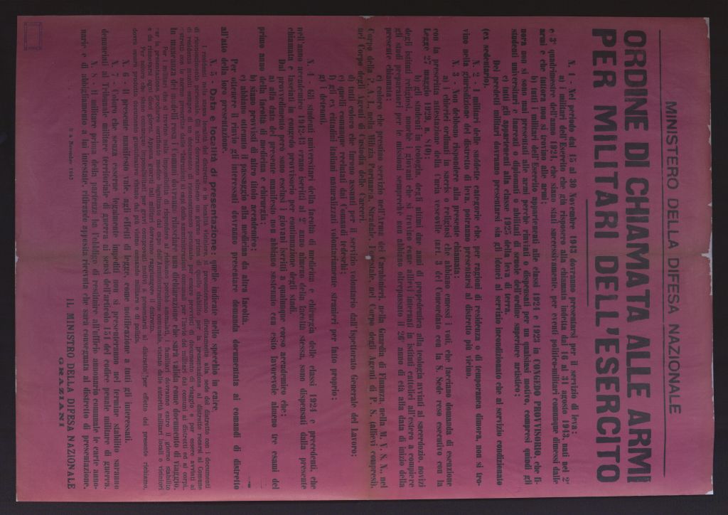 manifesto, politico, ORDINE DI CHIAMATA ALLE ARMI PER MILITARI DELL'ESERCITO (secondo quarto SECOLI/ XX)