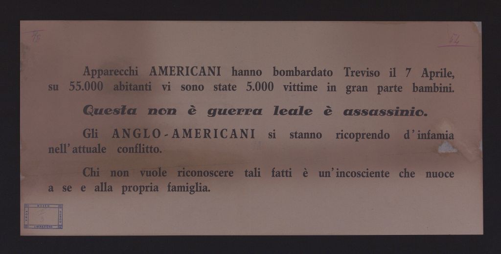 manifesto, politico, APPARECCHI AMERICANI HANNO BOMBARDATO TREVISO IL 7 APRILE (secondo quarto SECOLI/ XX)