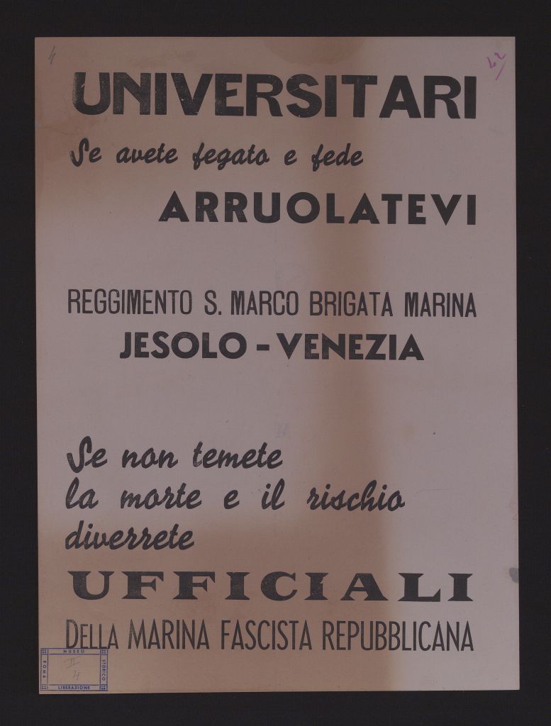 manifesto, politico, UNIVERSITARI SE AVETE FEGATO E FEDE ARRUOLATEVI (secondo quarto SECOLI/ XX)