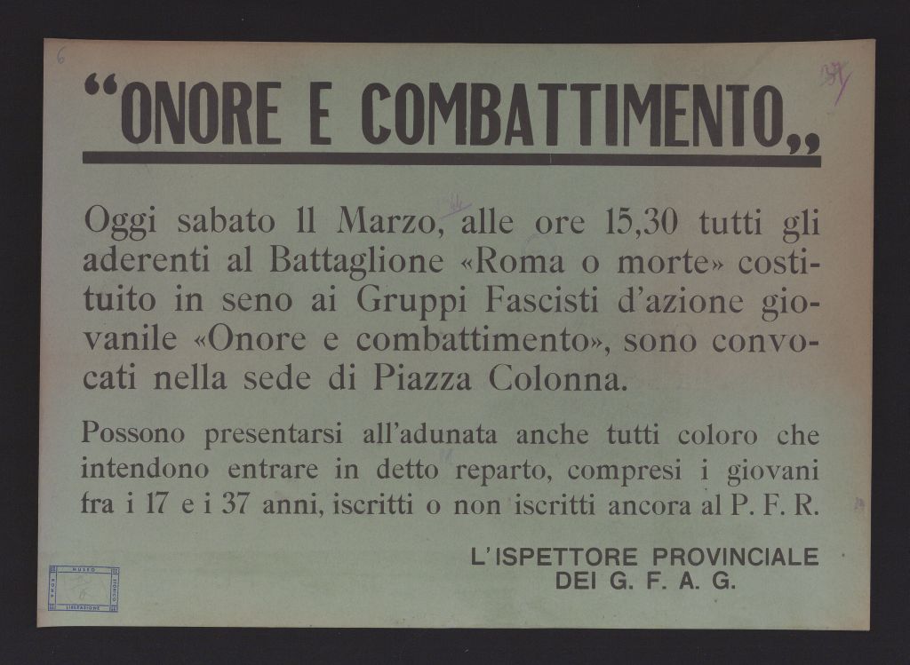 manifesto, politico, «ONORE E COMBATTIMENTO» OGGI SABATO 11 MARZO (secondo quarto SECOLI/ XX)
