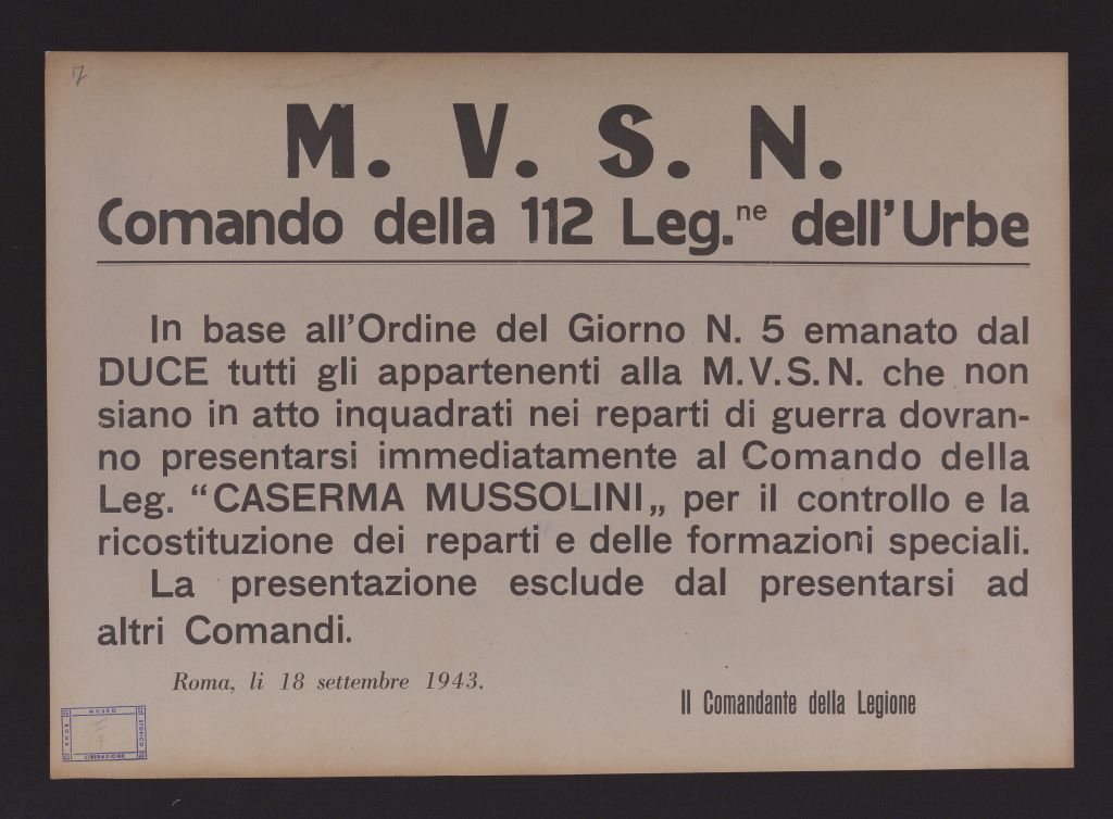 manifesto, politico, IN BASE ALL'ORDINE DEL GIORNO N.5 EMANATO DAL DUCE TUTTI GLI APPARTENENTI ALLA M.V.S.N (secondo quarto SECOLI/ XX)