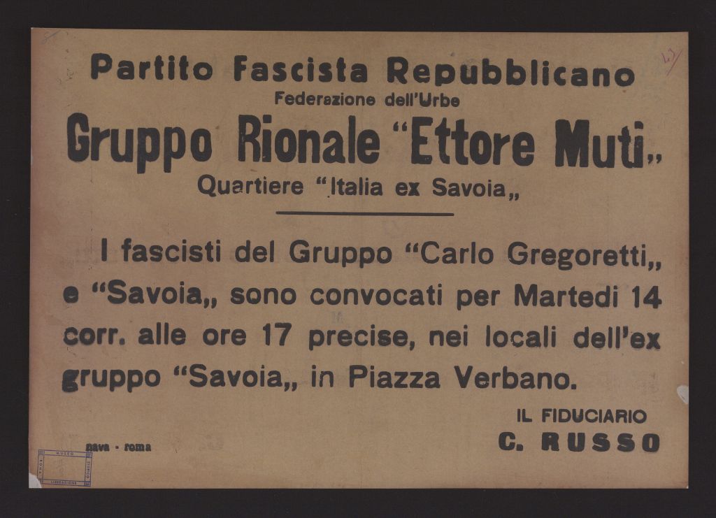 manifesto, politico, I FASCISTI DEL GRUPPO «CARLO GREGORETTI» E «SAVOIA» (secondo quarto SECOLI/ XX)