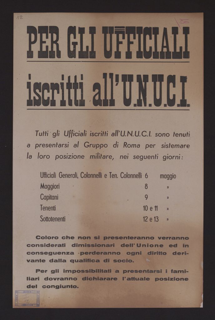 manifesto, politico, PER GLI UFFICIALI ISCRITTI ALL'U.N.U.C.I (secondo quarto SECOLI/ XX)