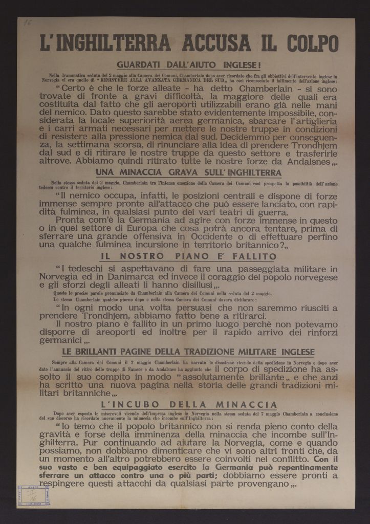 manifesto, politico, L'INGHILTERRA ACCUSA IL COLPO (secondo quarto SECOLI/ XX)