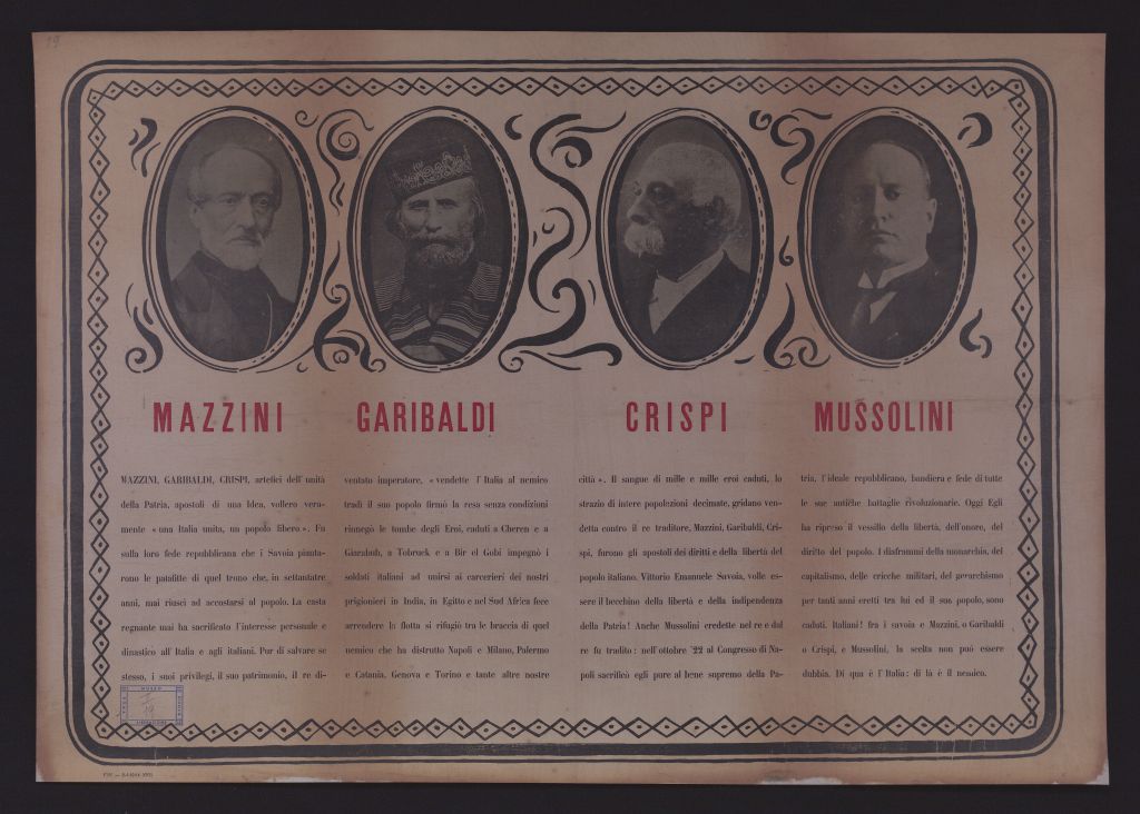 manifesto, politico, MAZZINI GARIBALDI CRISPI MUSSOLINI (secondo quarto SECOLI/ XX)