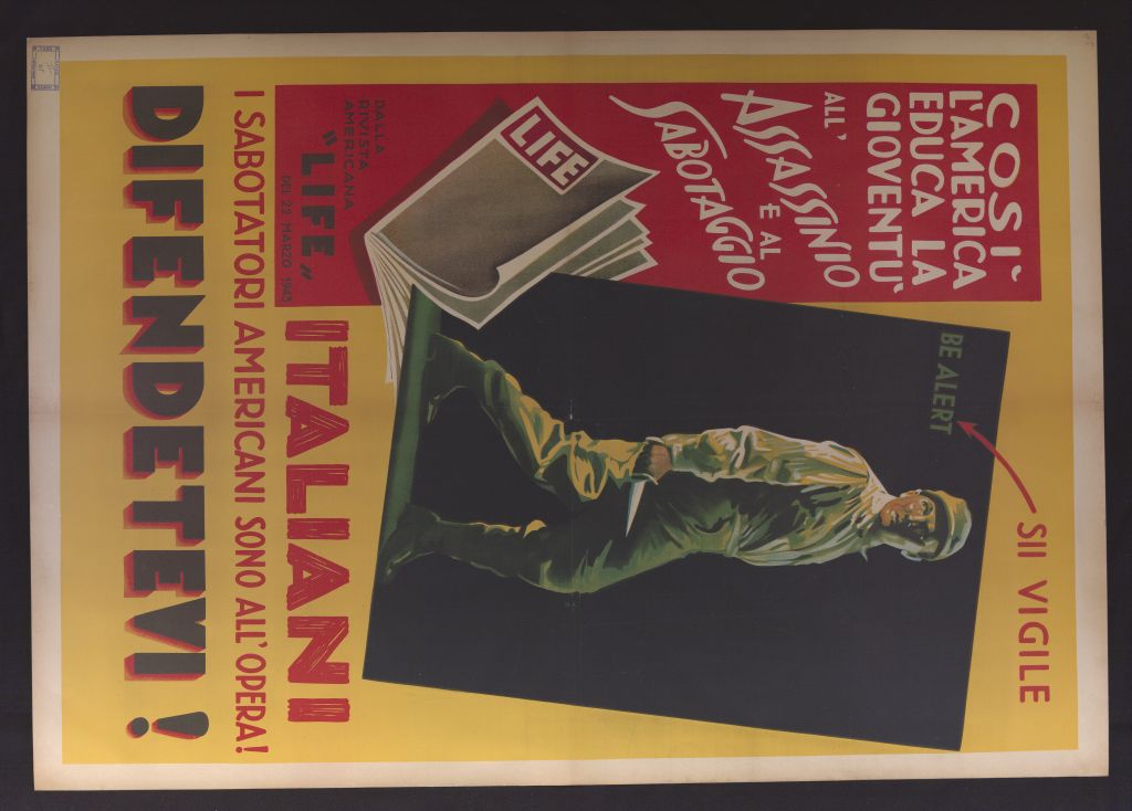 manifesto, politico, ITALIANI! I SABOTATORI AMERICANI SONO ALL'OPERA! DIFENDETEVI! COSÌ L'AMERICA EDUCA LA GIOVENTÙ ALL'ASSASSINIO E AL SABOTAGGIO (secondo quarto SECOLI/ XX)
