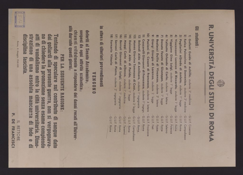 manifesto, politico, UNIVERSITA' DEGLI STUDI DI ROMA. GLI STUDENTI: 1) GOLLETTI GUIDO DI ACHILLE (secondo quarto SECOLI/ XX)