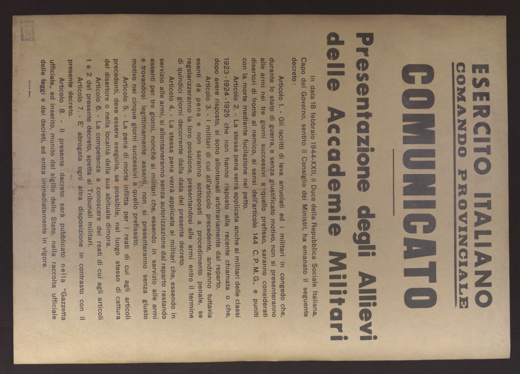manifesto, politico, COMUNICATO PRESENTAZIONE DEGLI ALLIEVI DELLE ACCADEMIE MILITARI (secondo quarto SECOLI/ XX)