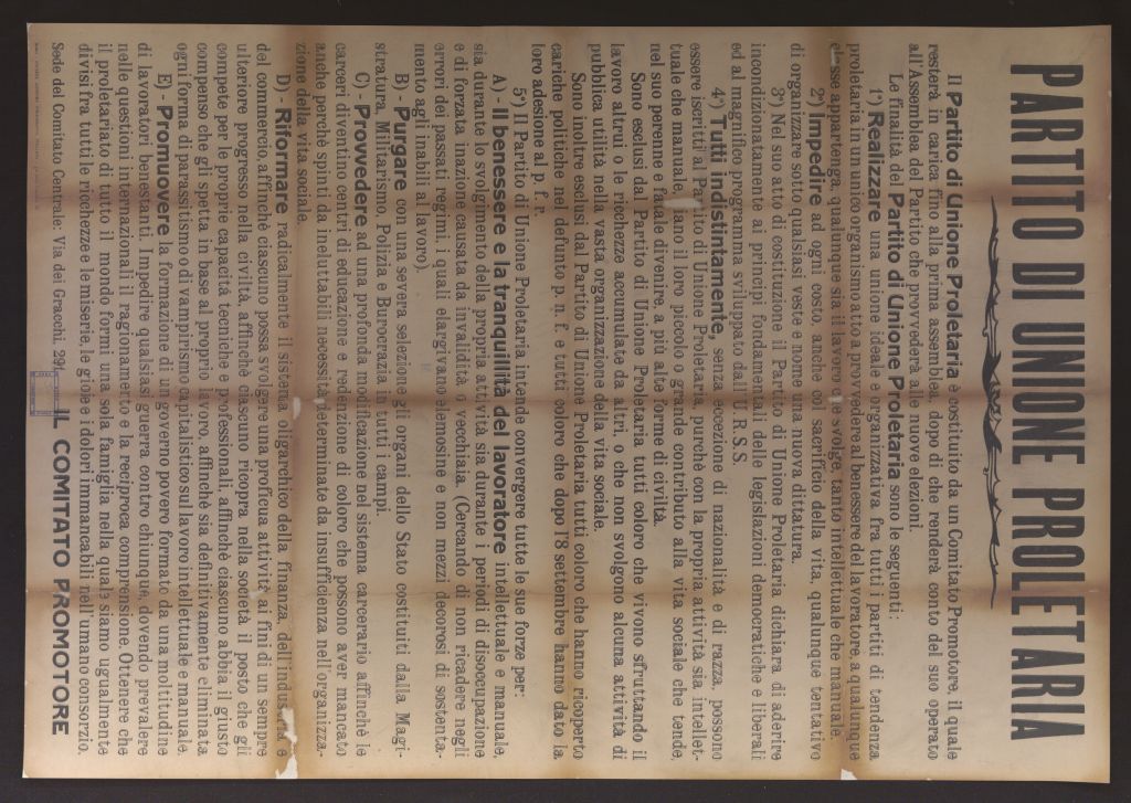 manifesto, politico, IL PARTITO DI UNIONE PROLETARIA È COSTITUITO DA UN COMITATO PROMOTORE (secondo quarto SECOLI/ XX)