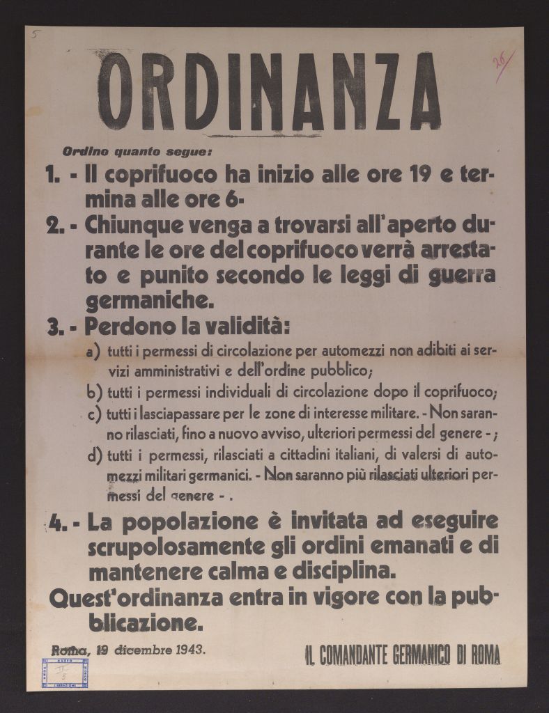manifesto, politico, ORDINANZA. ORDINO QUANTO SEGUE: I. IL COPRIFUOCO HA INIZIO ALLE ORE 19 E TERMINA ALLE ORE 6 (secondo quarto SECOLI/ XX)