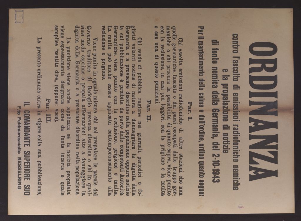 manifesto, politico, ORDINANZA CONTRO L'ASCOLTO DI EMISSIONI RADIOFONICHE NEMICHE E LA PROPALAZIONE DI NOTIZIE DI FONTE NEMICA DELLA GERMANIA, DEL 2-10-1943 (secondo quarto SECOLI/ XX)
