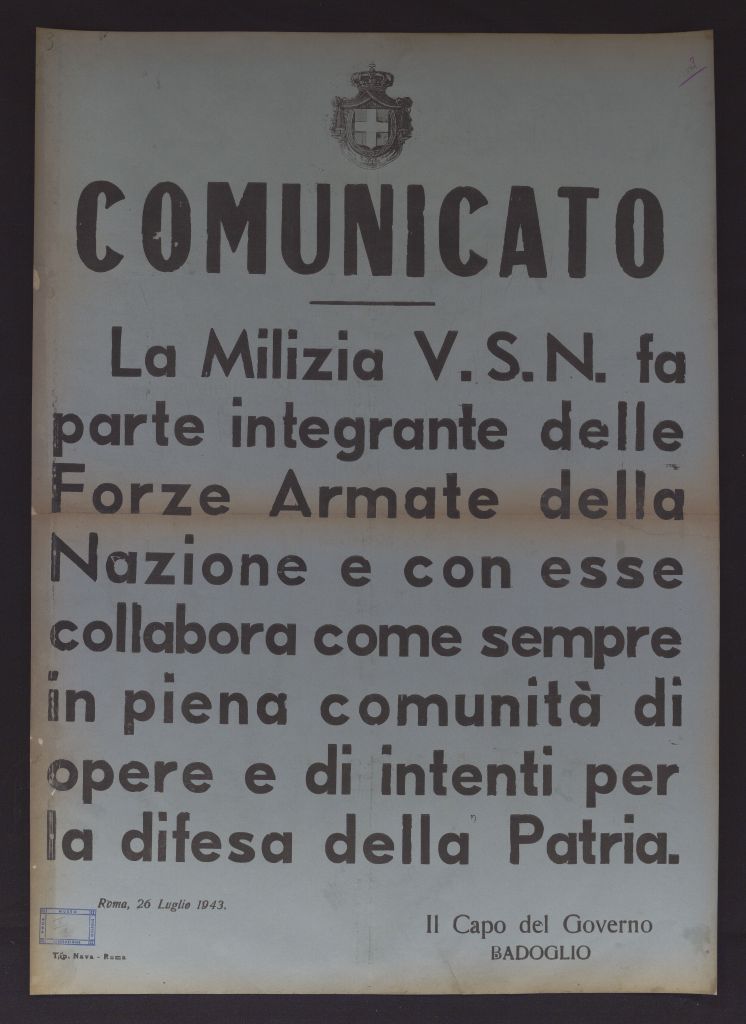 manifesto, politico, COMUNICATO: LA MILIZIA V.S.N. FA PARTE INTEGRANTE (secondo quarto SECOLI/ XX)