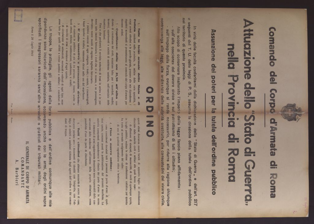 manifesto, politico, ATTUAZIONE DELLO «STATO DI GUERRA» NELLA PROVINCIA DI ROMA (secondo quarto SECOLI/ XX)