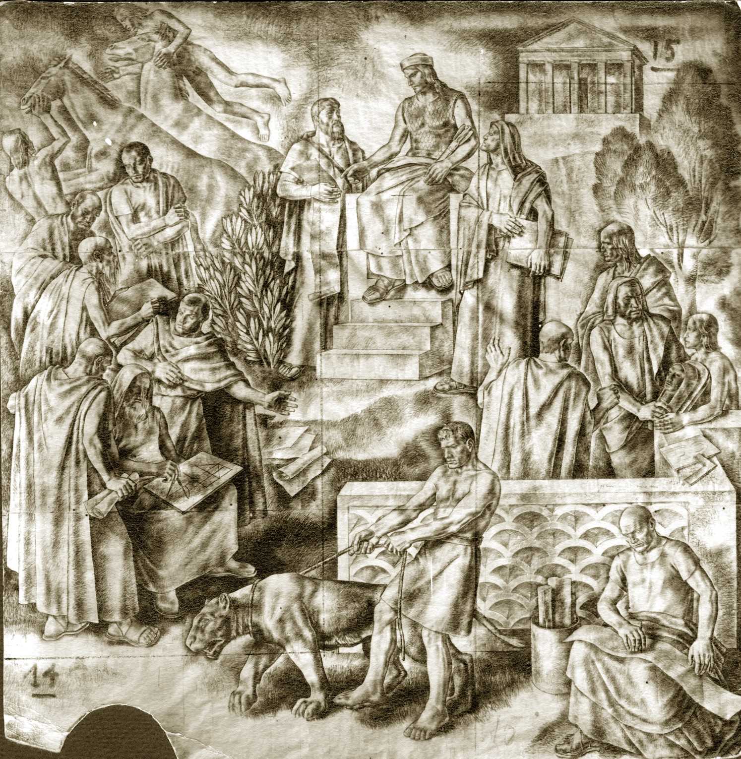 Artisti, poeti e scienziati alla corte di Federico II, ciclo (disegno preparatorio, elemento d'insieme) di Angelucci, Arduino - ambito romano (anni trenta XX)