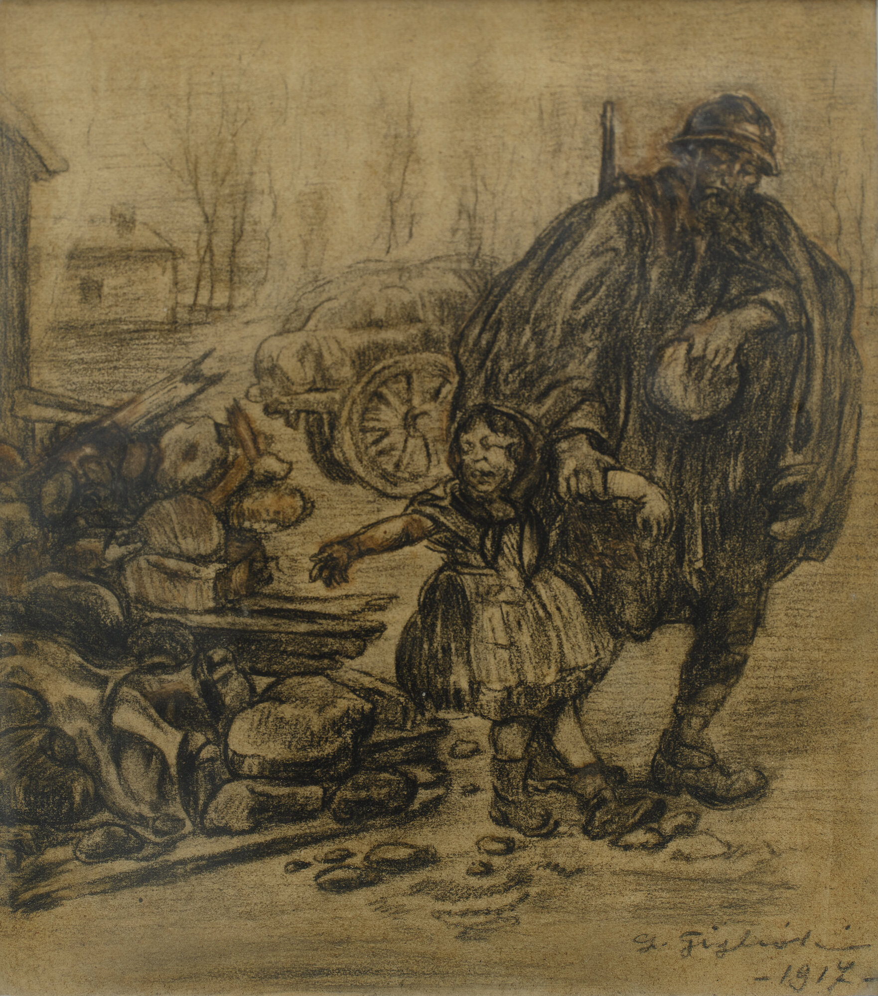 soldato con bambina (Disegno a carboncino) di Giglioli, Giuseppe (XX)