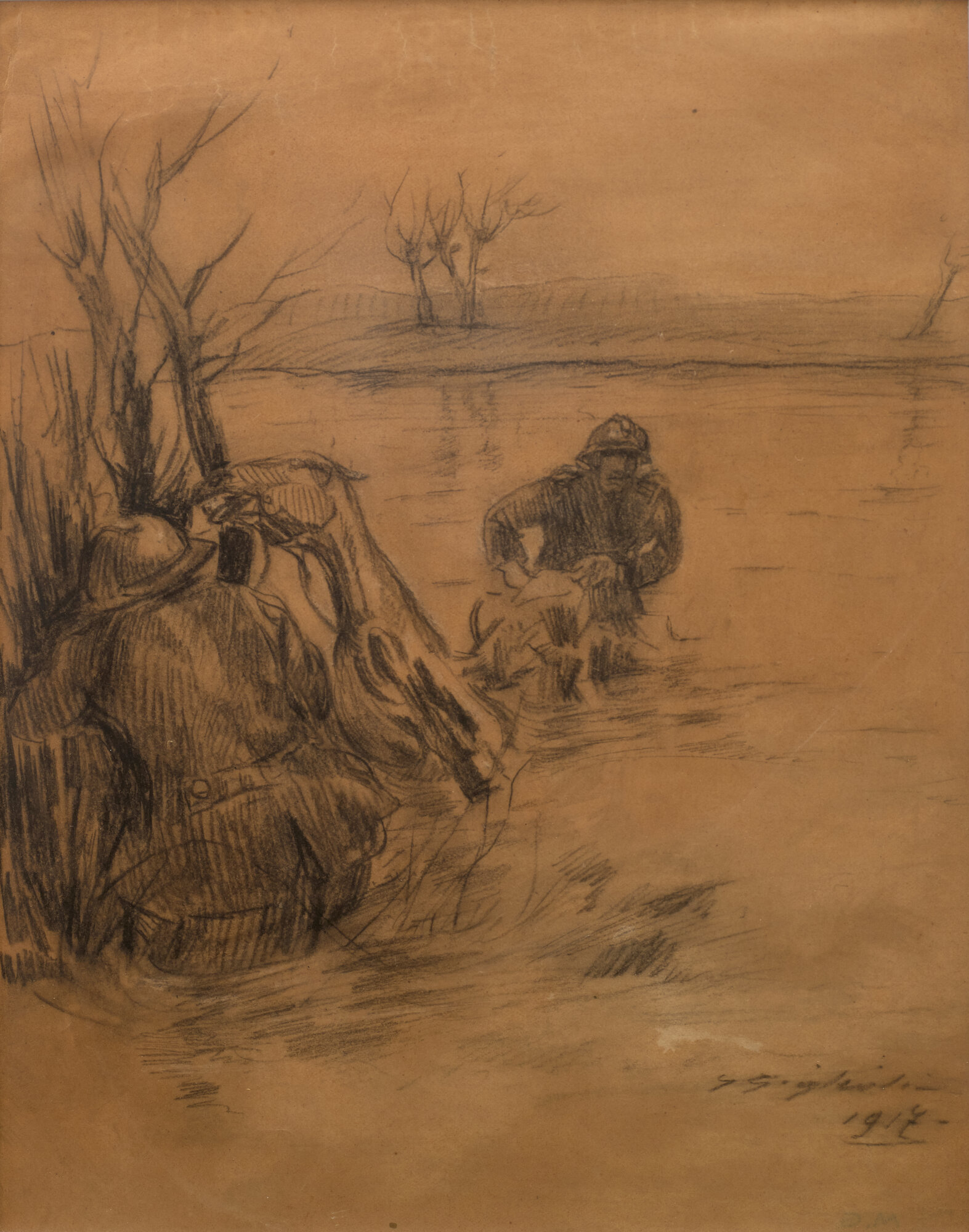 soldati e cavallo che guadano un corso d'acqua (disegno) di Giglioli, Giuseppe (XX)