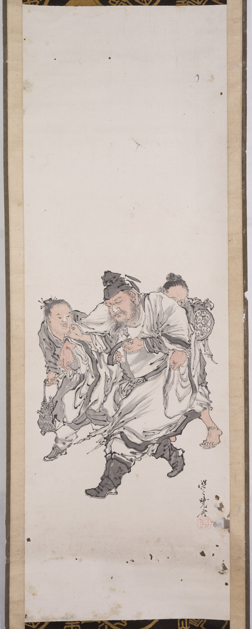 uomo ubriaco sorretto da due aiutanti (dipinto) di Kawanabe, Kyōsai (XIX)