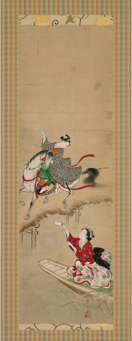 Mitate Kōseki Kō Chō Ryō zu　見立黄石公張良図, uomo a cavallo e uomo in barca (dipinto) di Kawamata, Tsunemasa (XVIII)