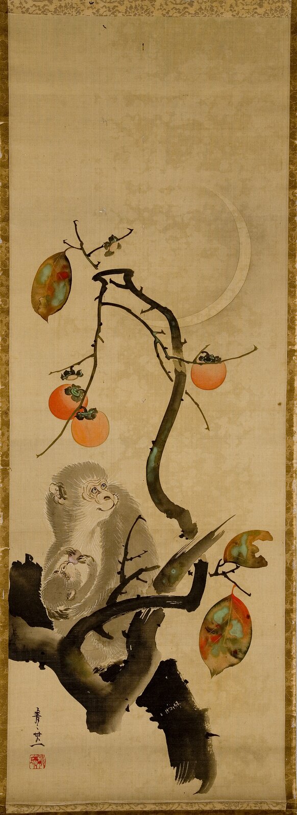 Kaki no ue saru zu　柿上猿図, scimmia e il suo piccolo su un albero (dipinto) di Suzuki, Kiitsu (XIX)