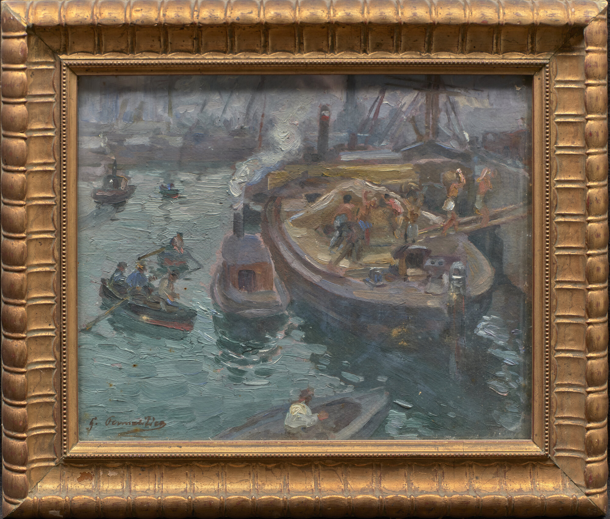 Nel porto di Genova, porto di Genova (dipinto - olio su cartone) di Pennasilico, Giuseppe (XX)