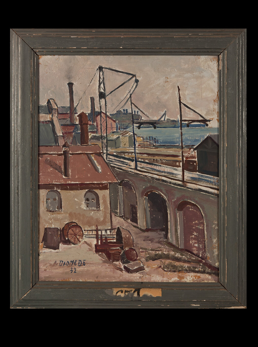 Cantiere, Paesaggio, edifici industriali (dipinto - olio su compensato) di Diomede, Franco (XX)