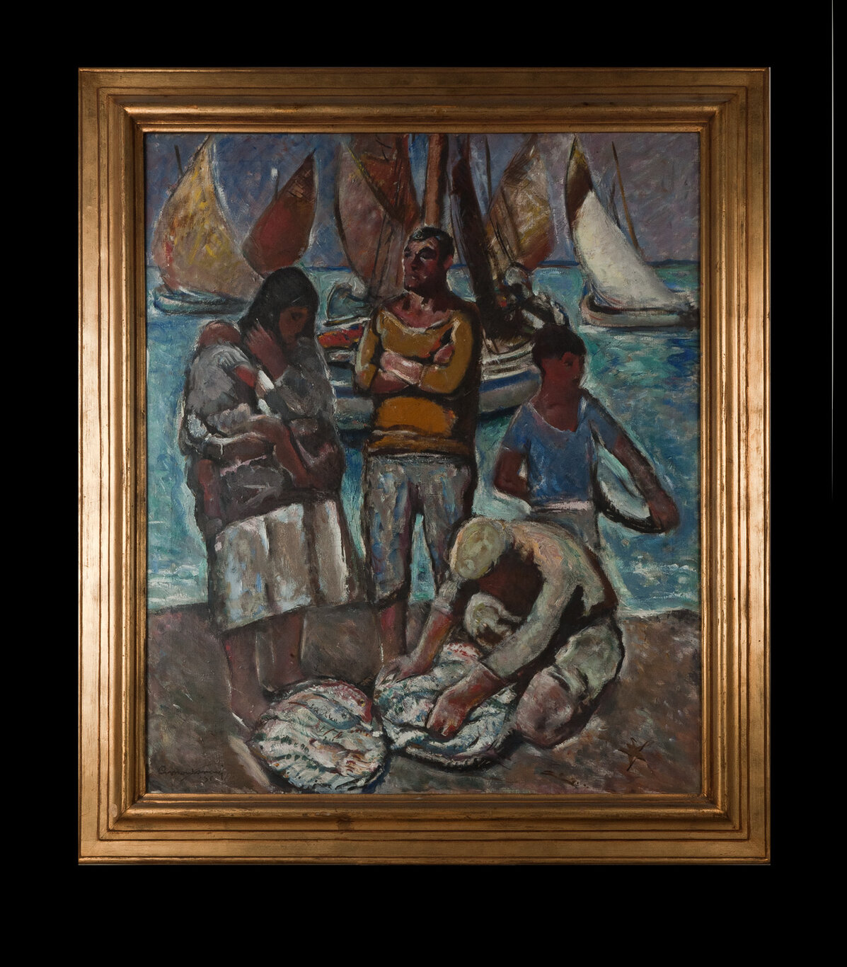 Ritorno dalla pesca, pescatori (dipinto) di Montanari, Giuseppe (XX)