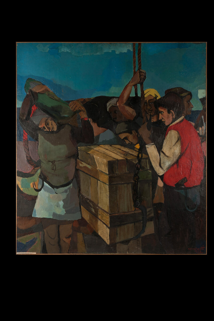 Scaricatori a Ponte dei Mille, scaricatori di merci (dipinto) di Caminati, Aurelio (XX)