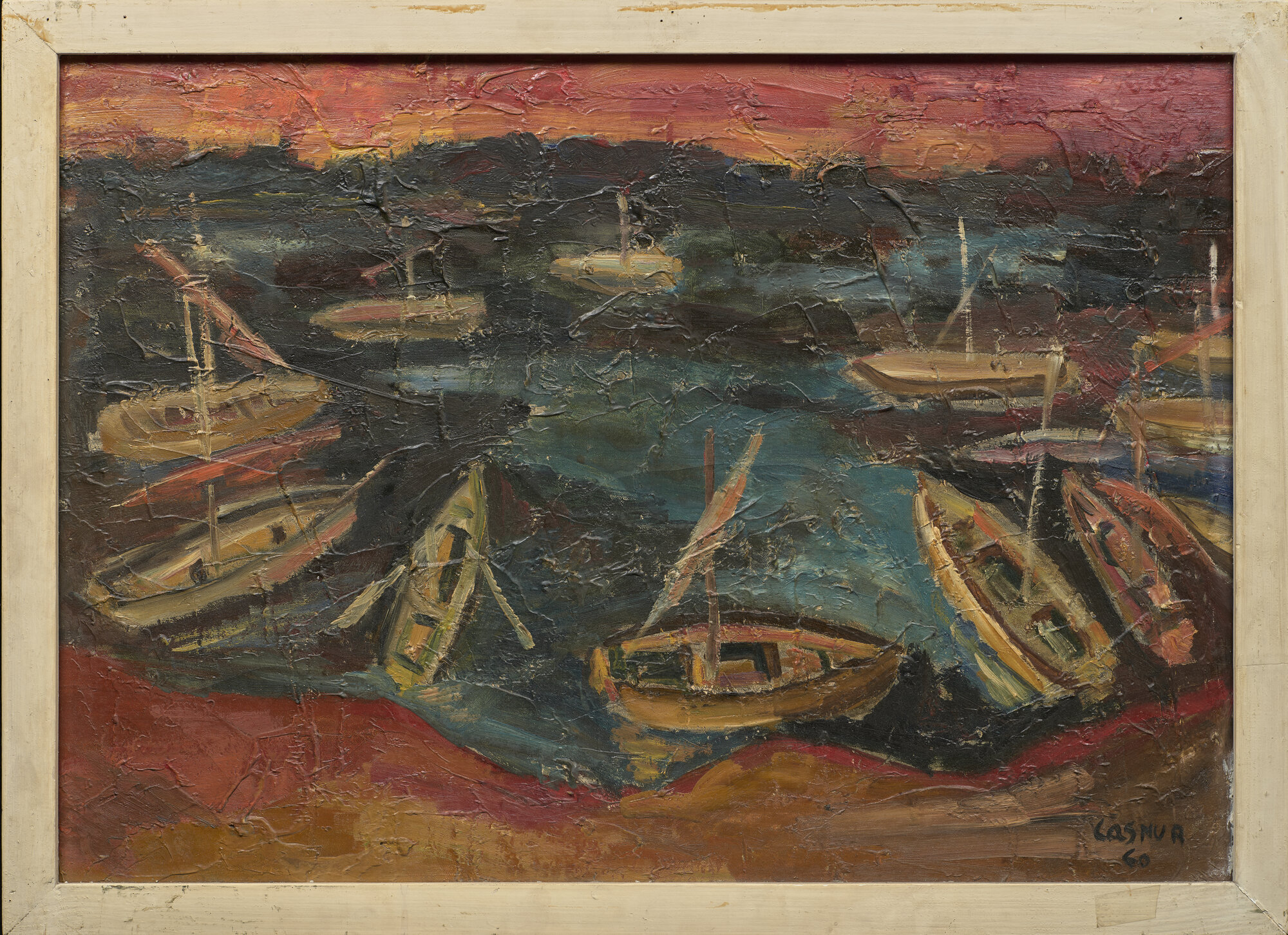 Barche al tramonto, barche (dipinto - olio su tela) di Casamurata, Gabriele (XX)