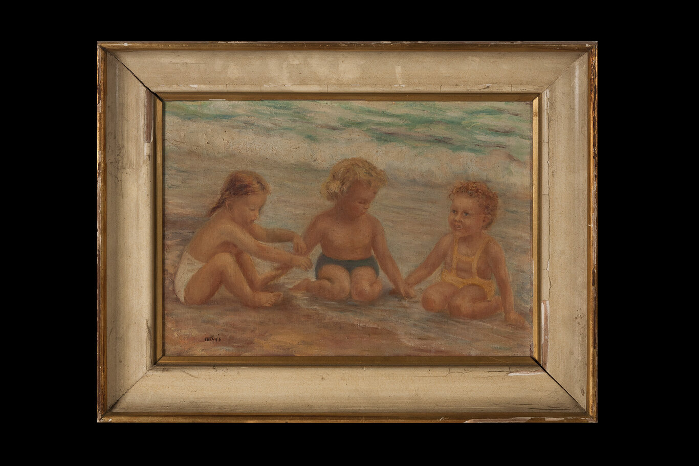 Tre fanciulli sulla spiaggia, bambini che giocano (dipinto) di Servi (XX)