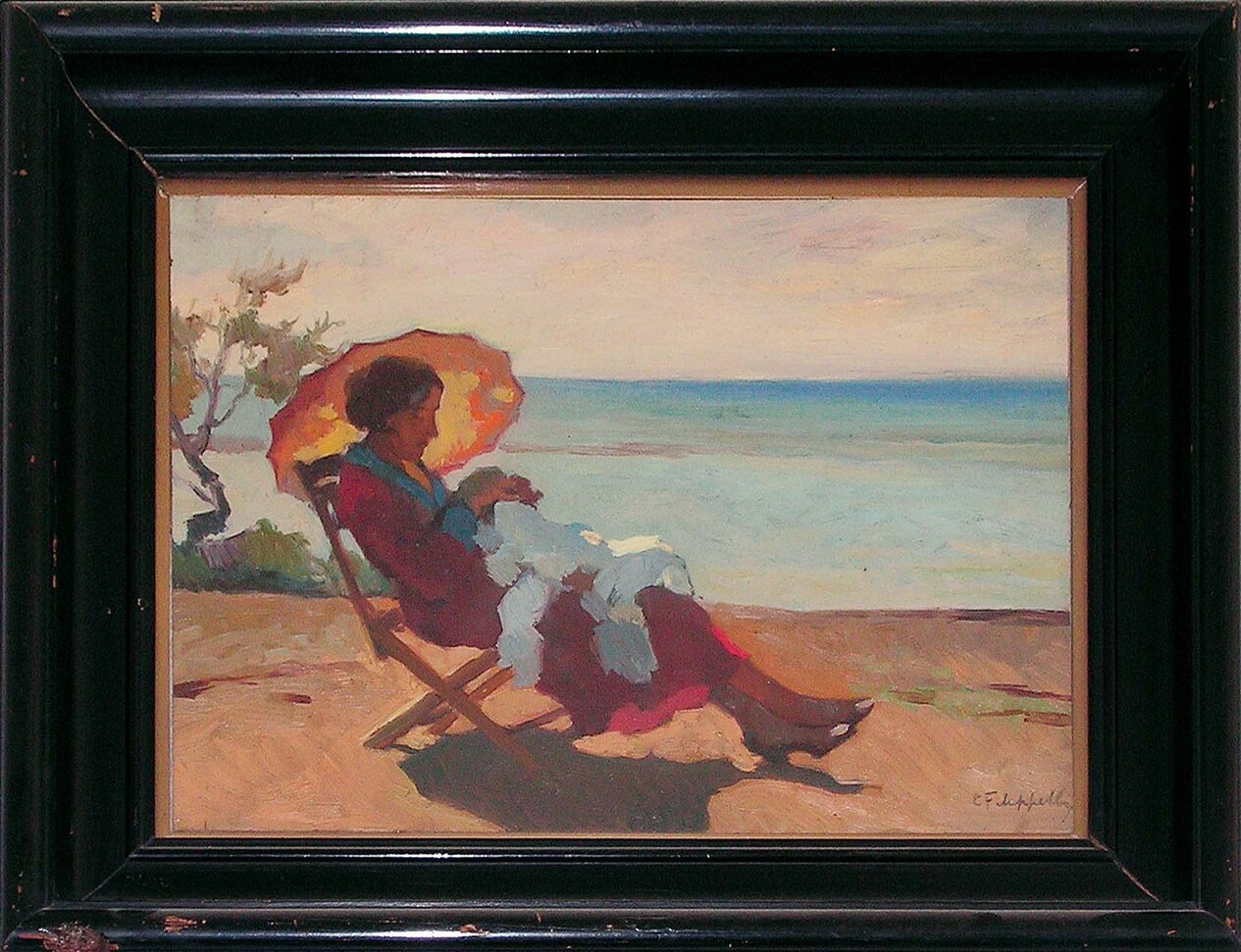 Donna al sole, donna seduta al sole (dipinto) di Filippelli, Cafiero (XX)