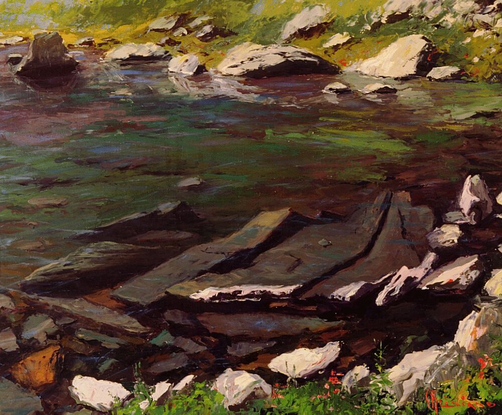 Lastroni sommersi, Riva scogliosa, scogliera (dipinto - olio su tela) di Arigliano, Giuseppe (XX)