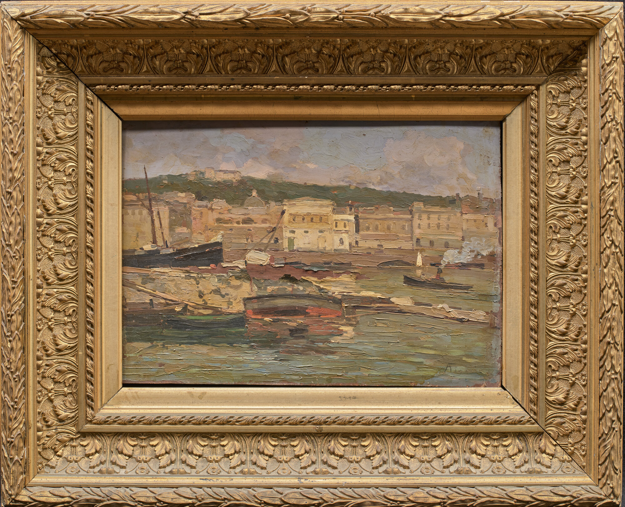 Piccola spiaggia - Porticciuolo, paesaggio costiero (dipinto) di Figari, Andrea (XIX)