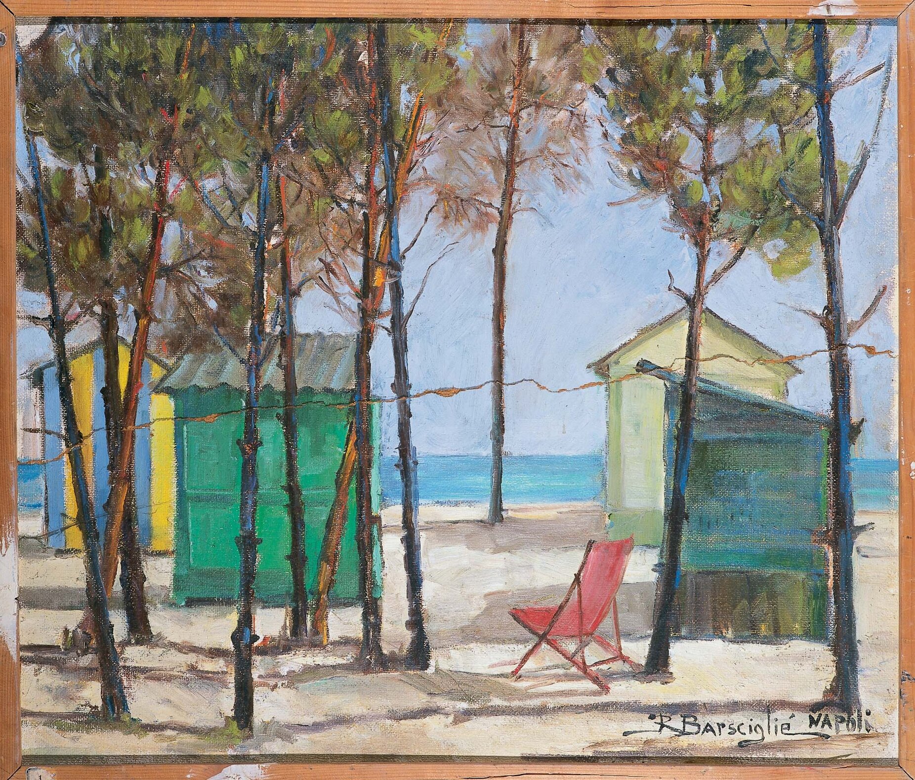 Mare e pini, spiaggia (dipinto) di Barscigliè, Raffaele (XX)