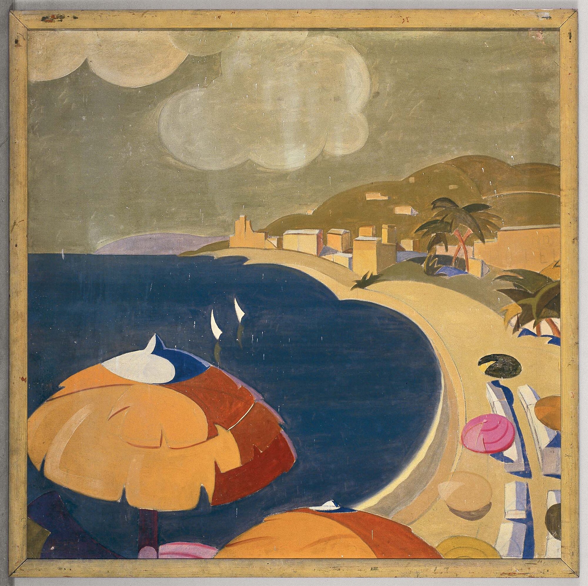 Paesaggio marino, Golfo con ombrelloni, paesaggio costiero (dipinto) di Bassano, Luigi (XX)