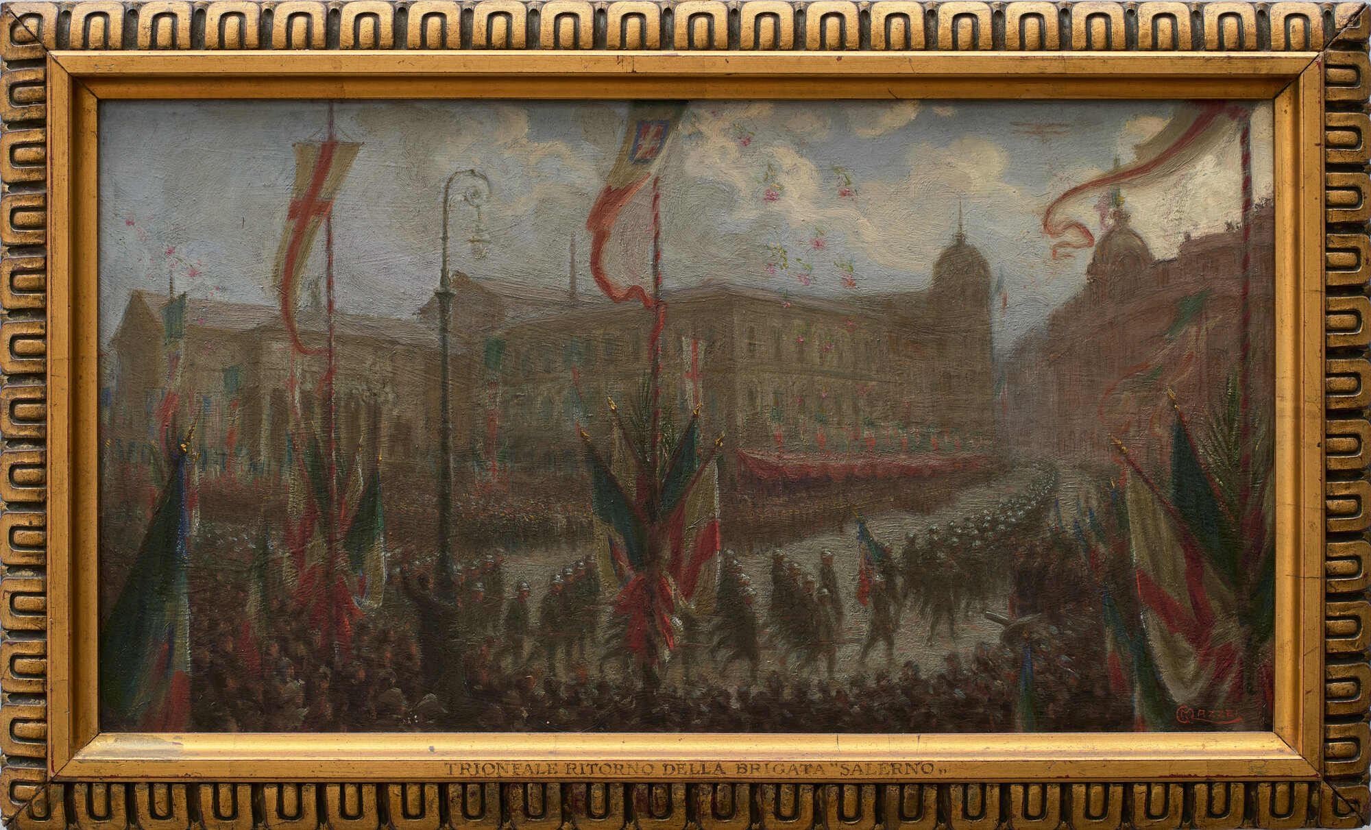 Genova 1918 - Trionfale ritorno della Brigata Salerno, Genova (dipinto - olio su tavola) di Mazzei, Giuseppe (XX)