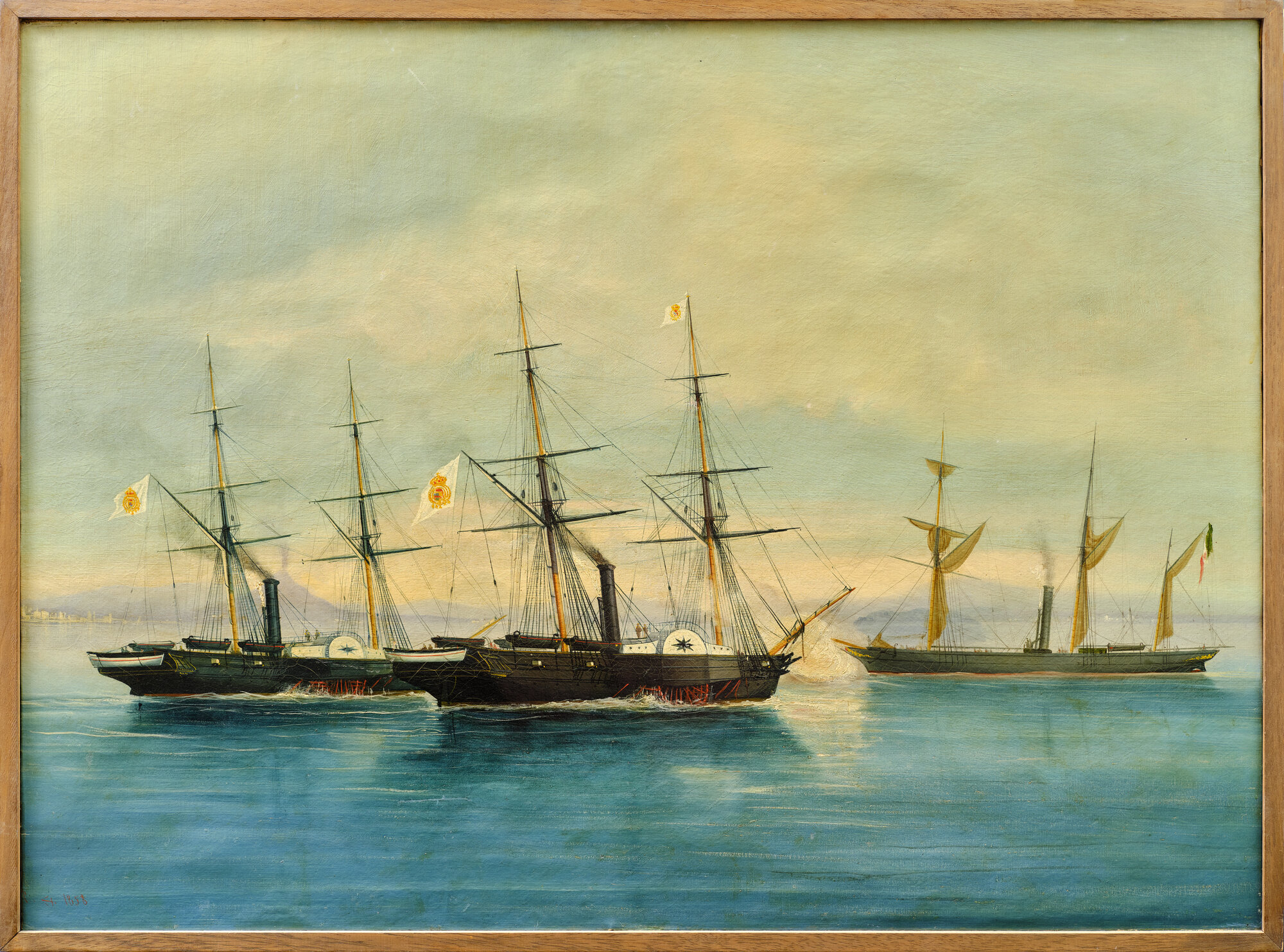 Spedizione di Sapri. Il Cagliari fermato da navi borboniche, piroscafo (dipinto) di Dubreuil, Chéri François (XIX)